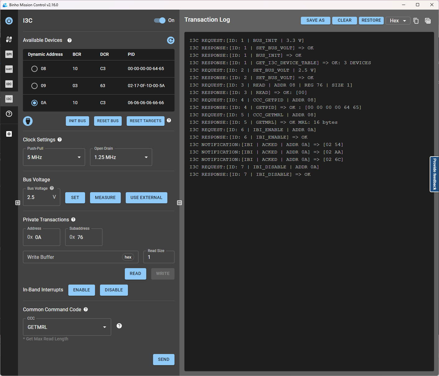 Screenshot of Binho Mission Control interacting with a downstream device using the I3C protocol